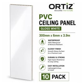 ORTIZ PVC Ceiling Panel Gloss White 300mm x 6mm x 3.9m – 10 Pack
