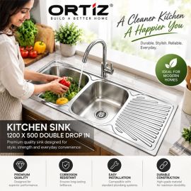 Ortiz Kitchen Sink 1200x500mm Double Drop In Stainless Steel Sink